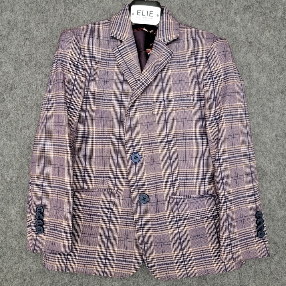 Elie Balleh Blazer Jacket Boys 4/5 Purple Plaid‎ Formal Suit Coat Tie Set Easter
